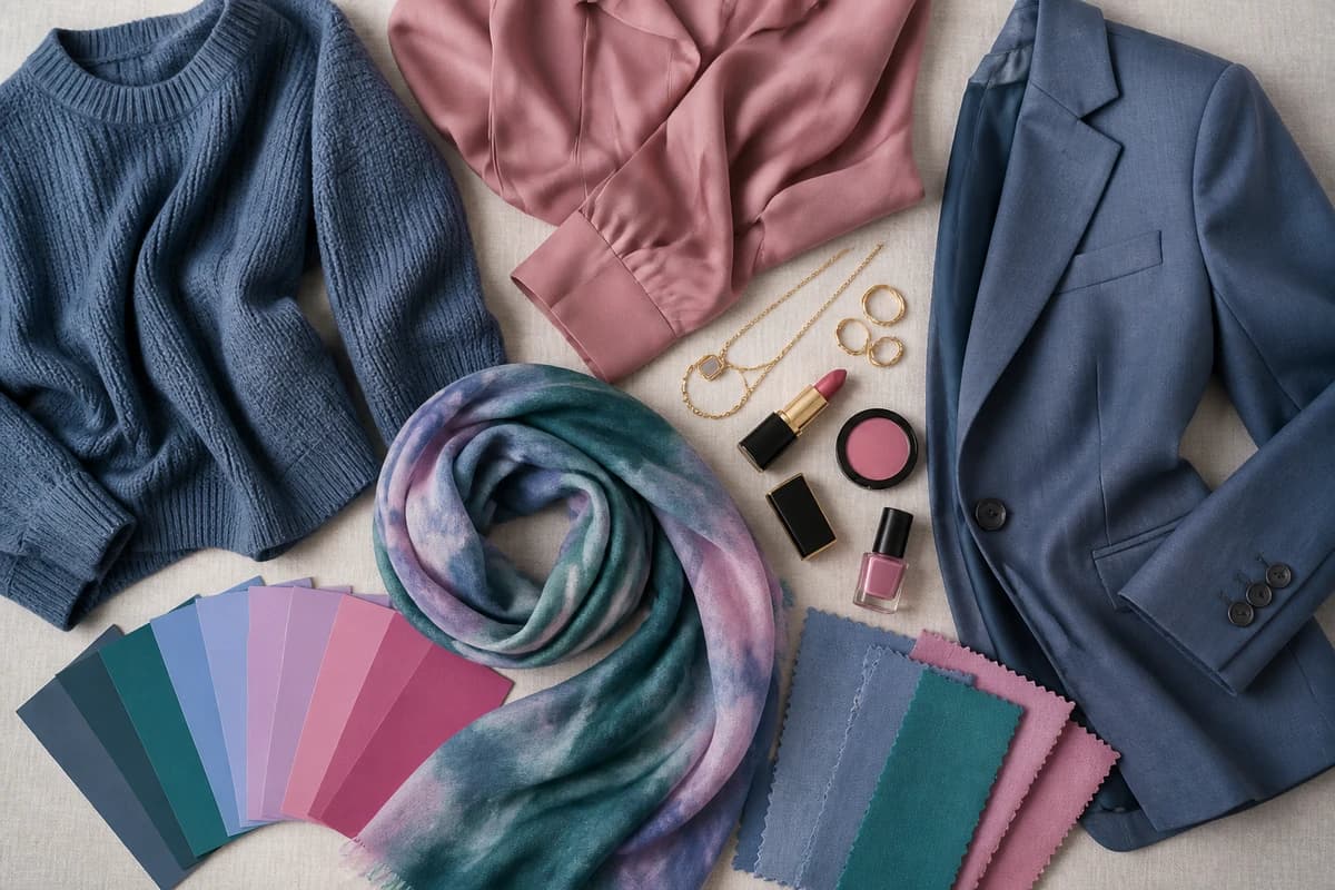 A True Summer capsule wardrobe flat-lay, slate navy, cool gray and soft white basics with rose pink, periwinkle and cool raspberry, by ToneLala