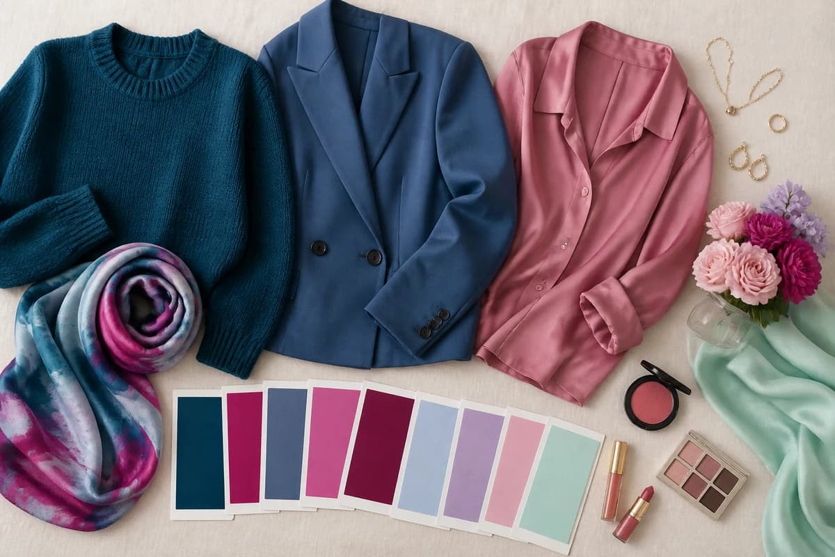 A flat-lay of the colors that distinguish True Summer from Light Summer, deeper slate blue and cool raspberry beside powder blue and soft rose, by ToneLala