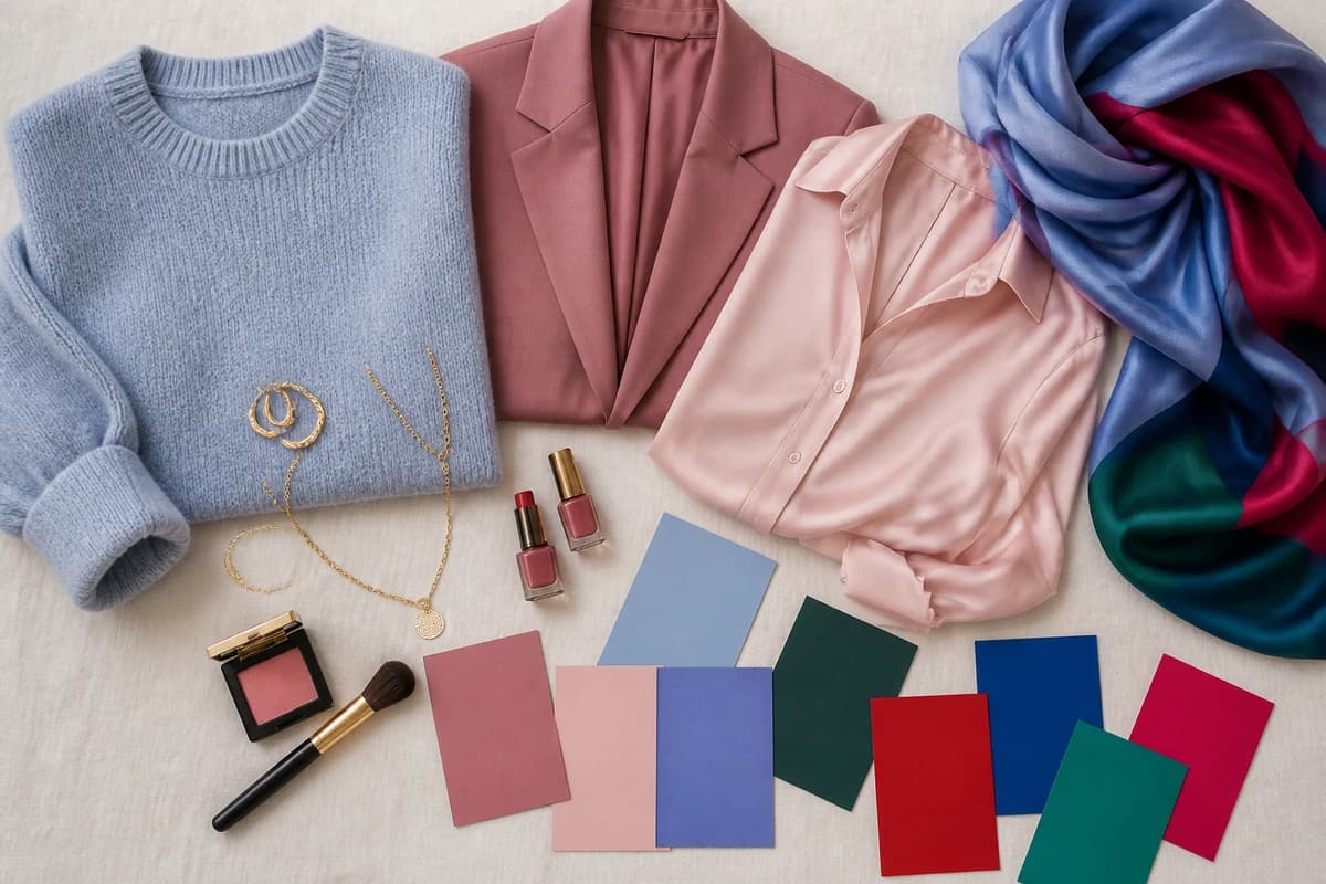Flatlay of colors that distinguish True Summer from True Winter, soft slate blue and dusty cool raspberry beside saturated true red and icy emerald, by ToneLala