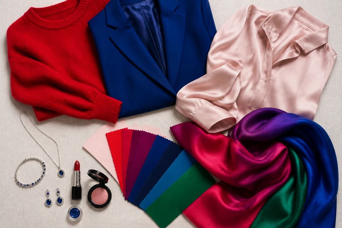 True Winter flat lay, true red, royal blue, emerald and fuchsia pieces with icy pastels, black and true white, by ToneLala