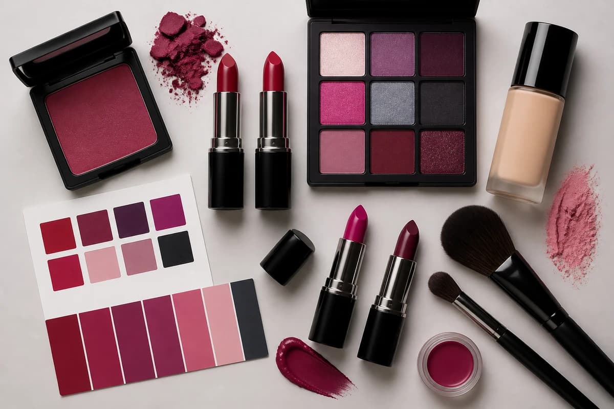 Flat-lay of True Winter makeup products, true-red and berry lipsticks, cool rose blush, and charcoal, plum and navy eyeshadows, by ToneLala