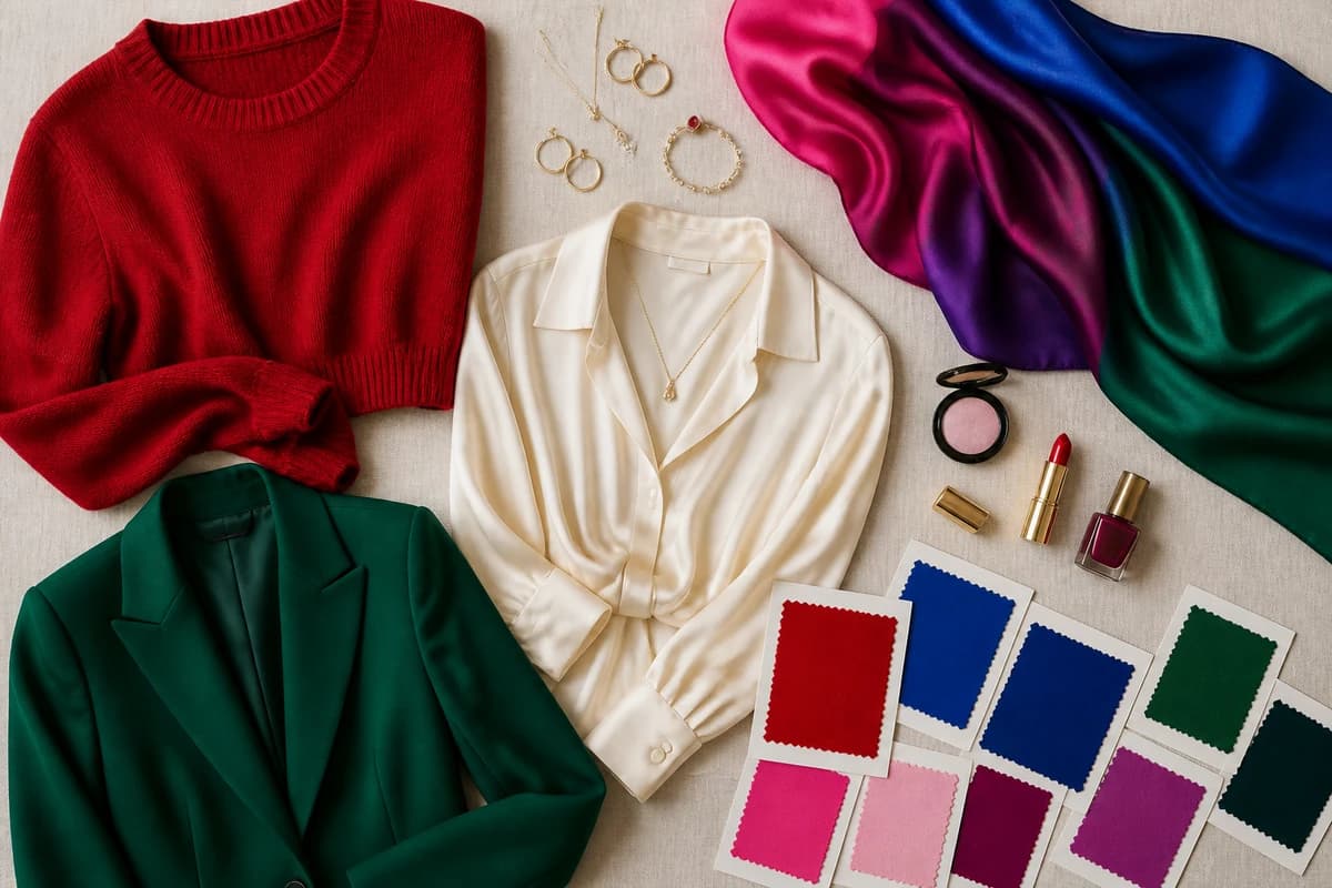 A True Winter capsule wardrobe flat-lay, black, true white, royal blue, emerald and fuchsia pieces with silver accessories, by ToneLala