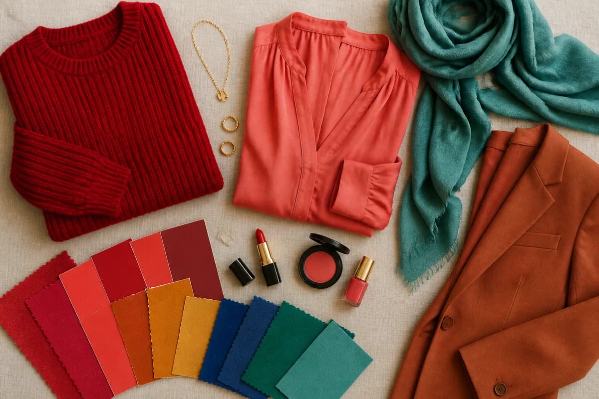 A flat-lay showing the types of skin tones, fair-to-deep foundation cards with gold and silver jewelry and warm and cool fabric swatches in daylight, by ToneLala