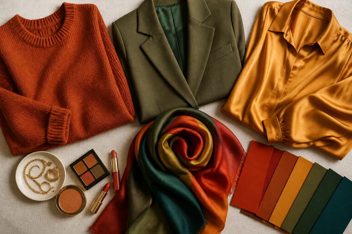 Warm Autumn wardrobe flatlay, rust, mustard gold, golden olive and forest green pieces folded with camel and chocolate-brown neutrals and warm gold jewelry, by ToneLala