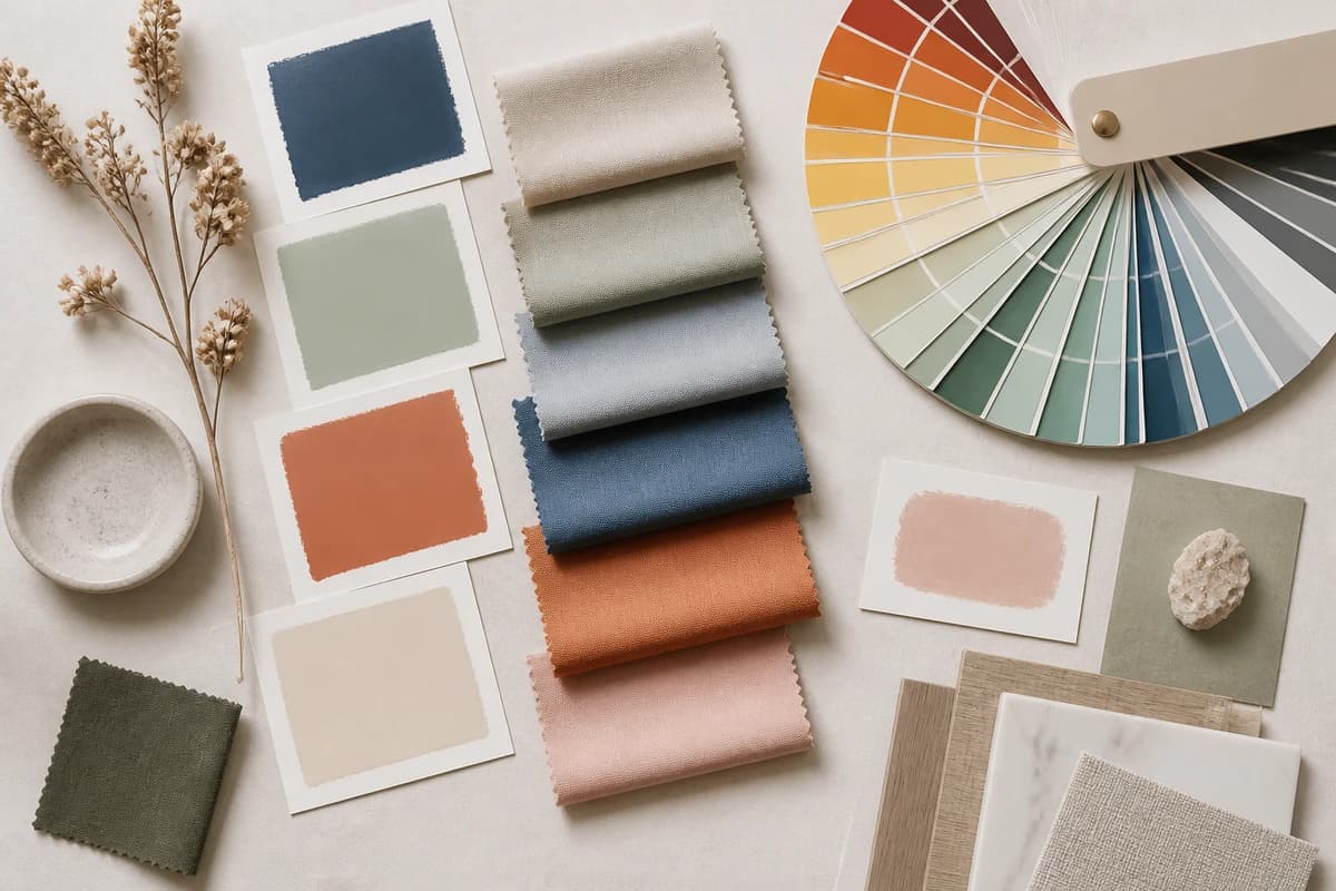 A flat-lay split warm to cool, coral, terracotta and golden yellow on one side, raspberry, cobalt and emerald on the other, illustrating warm colors vs cool colors, by ToneLala