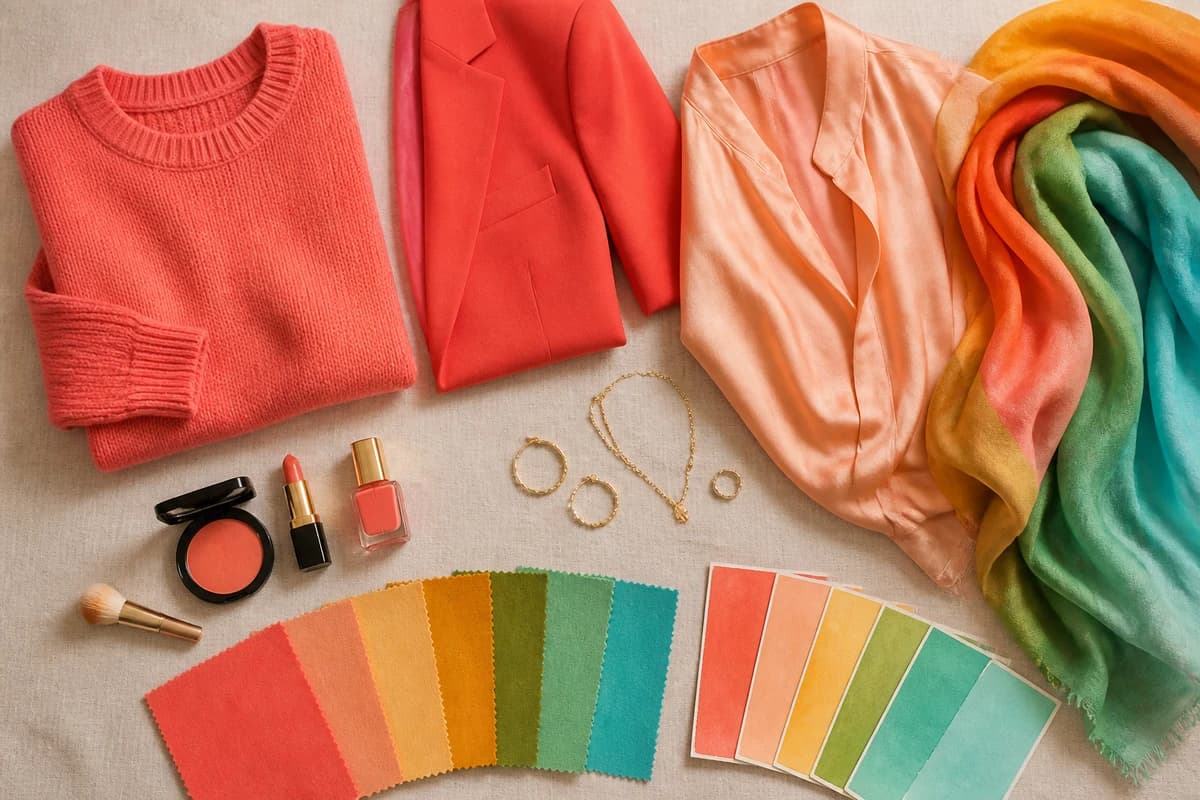 Warm Spring flatlay, warm coral, golden yellow, leaf green and peach garments with ivory and golden camel knitwear and yellow-gold jewelry, by ToneLala