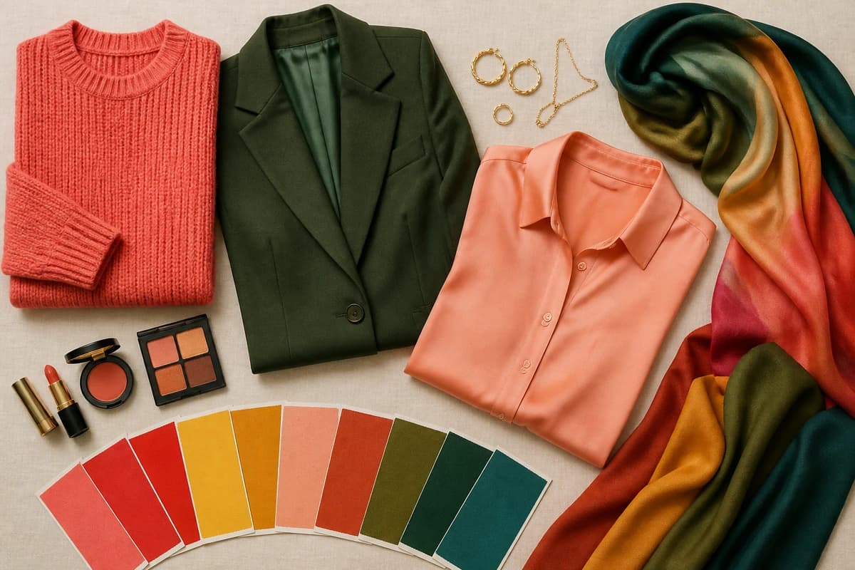 A flat-lay of warm-skin-friendly colors, coral, tomato red, golden yellow, olive and warm teal fabrics with cream and camel neutrals and gold jewelry, by ToneLala