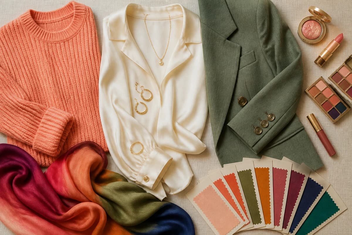 Flatlay of gold and silver jewelry beside warm peach and cool rose fabric swatches, by ToneLala