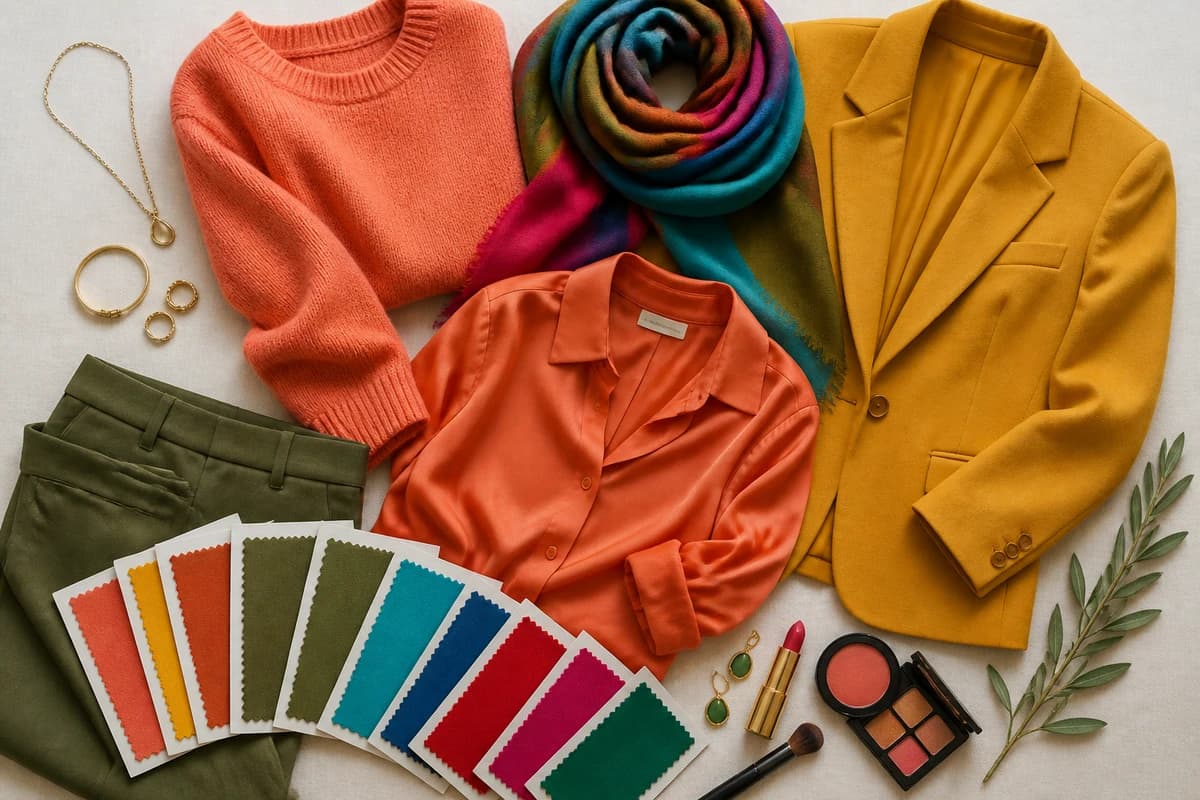 A flat-lay split between warm pieces, coral, golden yellow, terracotta and camel, and cool pieces, fuchsia, sapphire, emerald and gray, by ToneLala