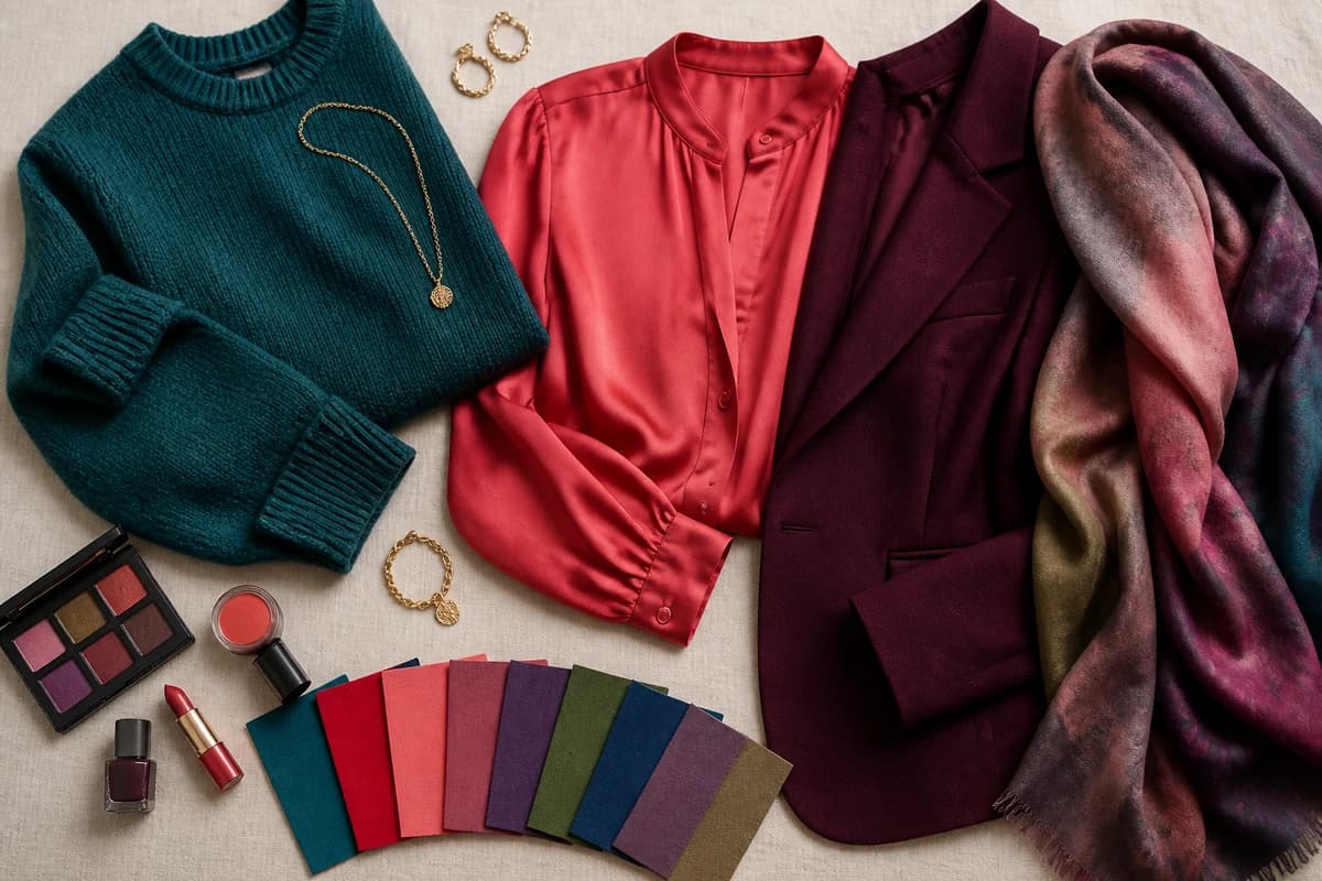 A flat-lay of dresses in flattering colors, teal, true red, soft coral, dusty rose, emerald and navy with cream, taupe and stone neutrals, by ToneLala