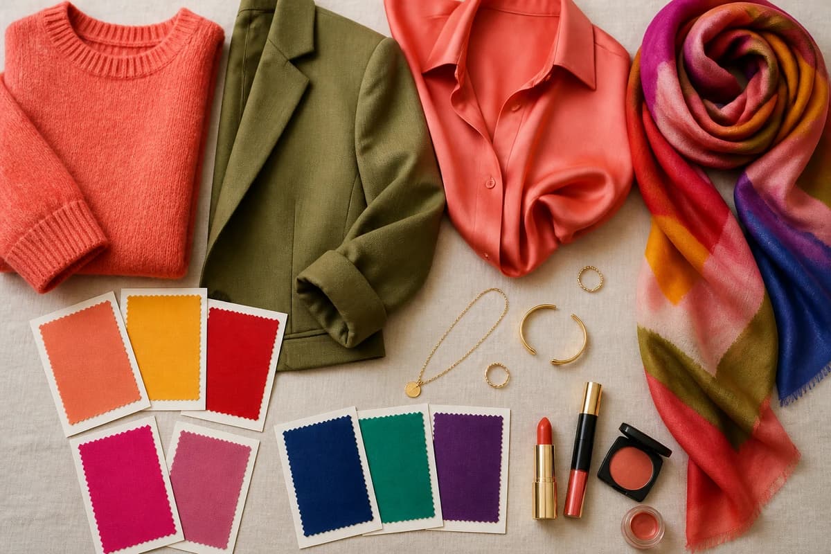 A flat-lay of fabric swatches spanning warm and cool, light and deep, bright and muted tones used to test a color season, by ToneLala