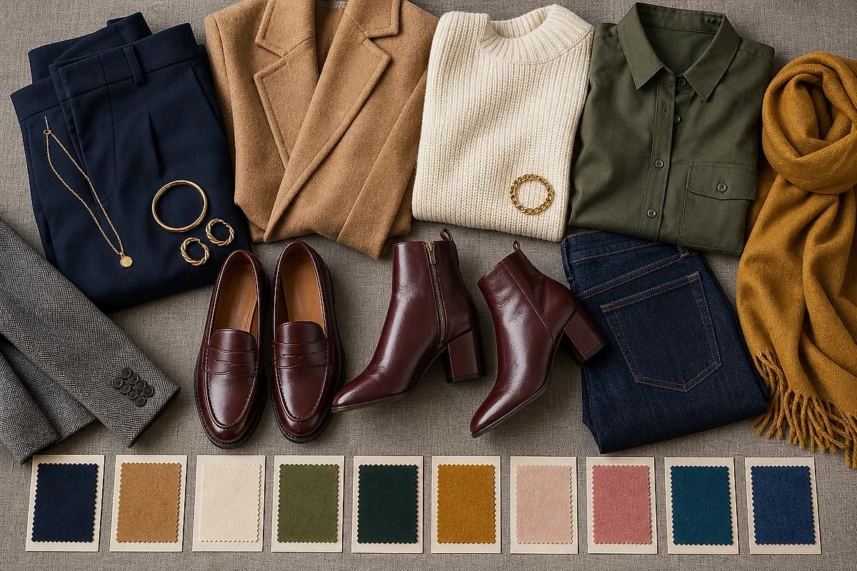 A flat-lay of burgundy loafers and boots with matching pieces, navy trousers, a camel coat, a cream knit, an olive shirt, a gray blazer and gold jewelry, by ToneLala