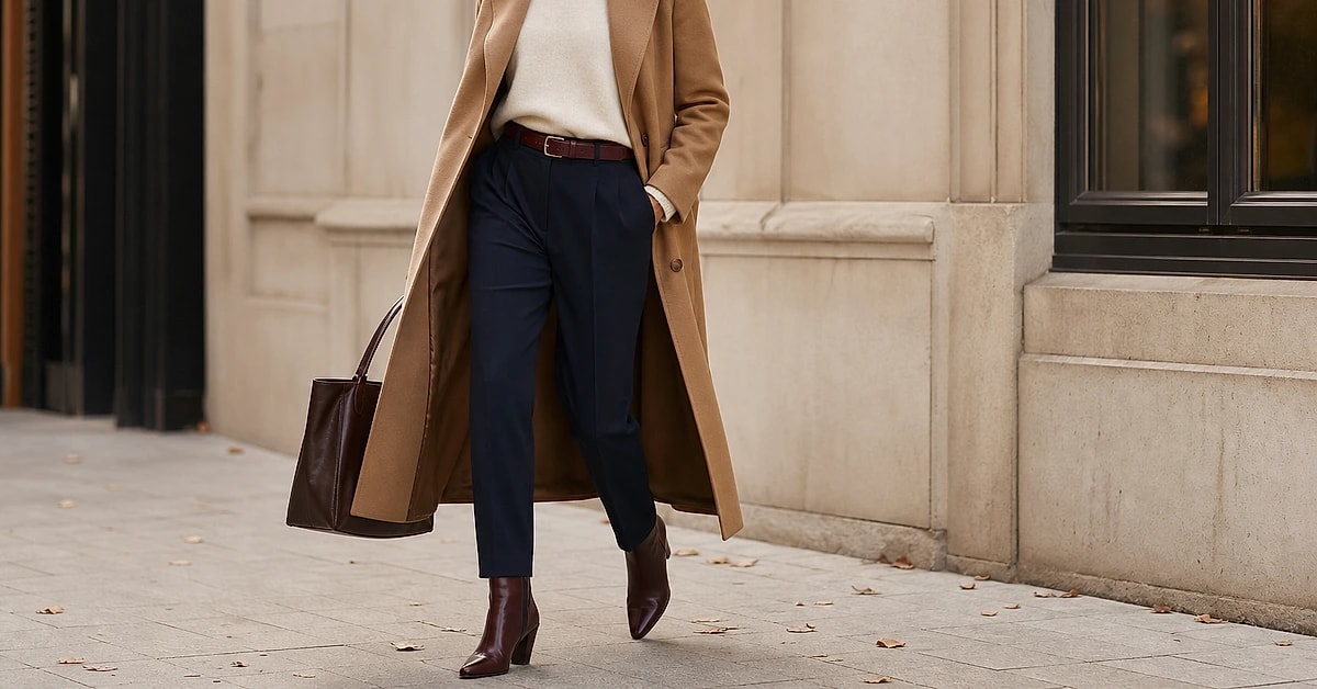 A woman in burgundy leather boots with navy trousers, a camel coat and a cream knit, what colors go with burgundy shoes, styled by ToneLala