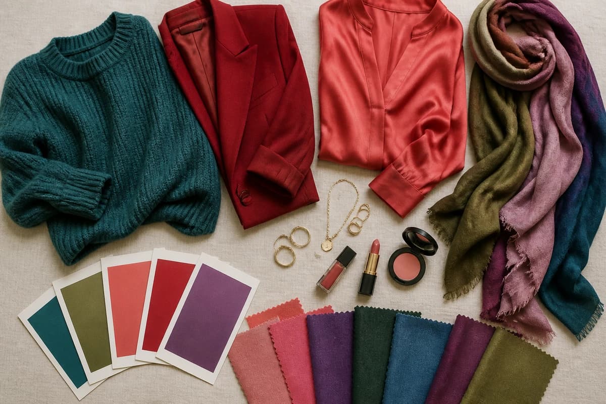 A flat-lay showing how to find your colors, teal, true red, soft coral, dusty rose and amethyst pieces with cream, taupe and soft navy neutrals, by ToneLala