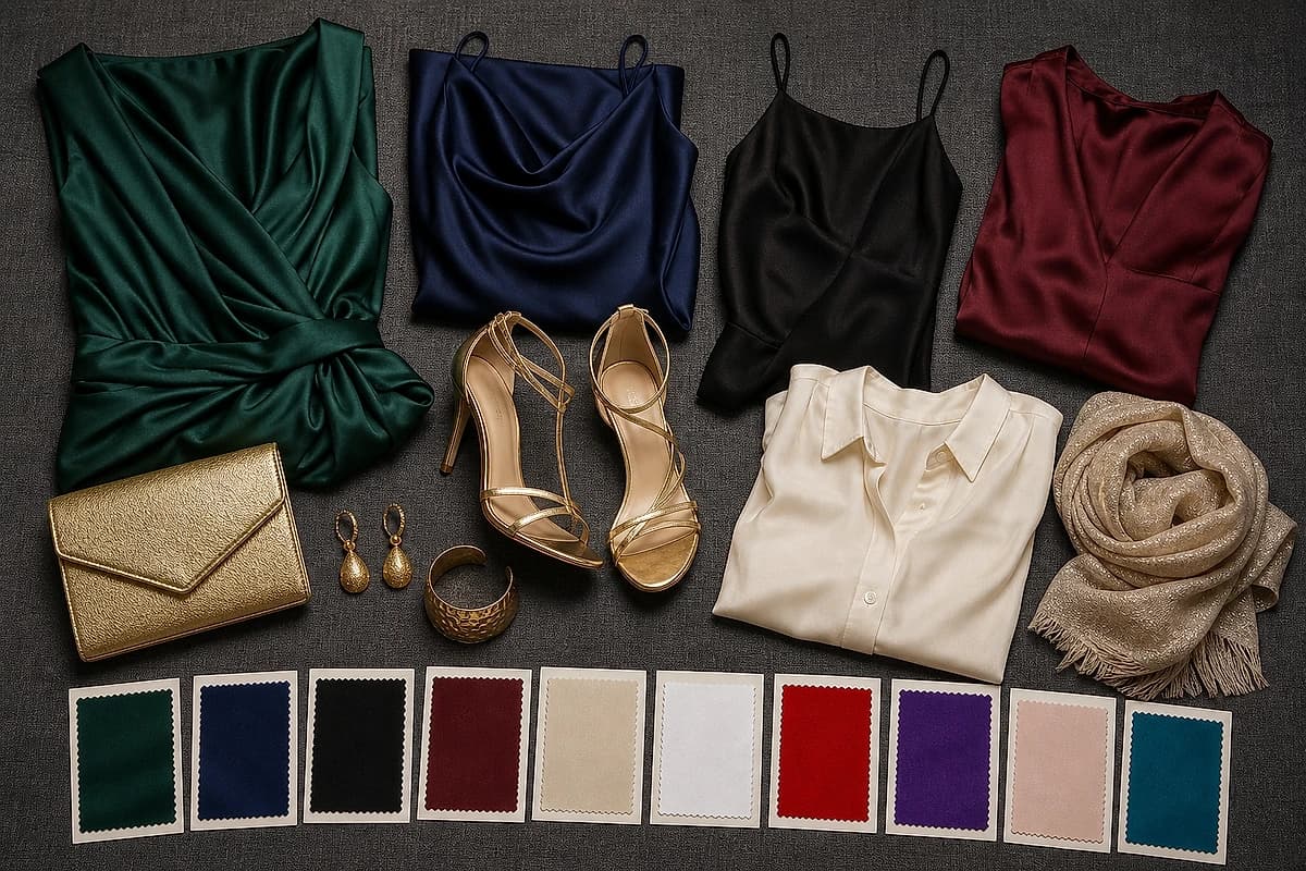 A flat-lay of gold strappy heels with matching pieces, an emerald dress, a navy dress, a black slip dress, a burgundy top, a cream blouse, gold jewelry and a gold clutch, by ToneLala