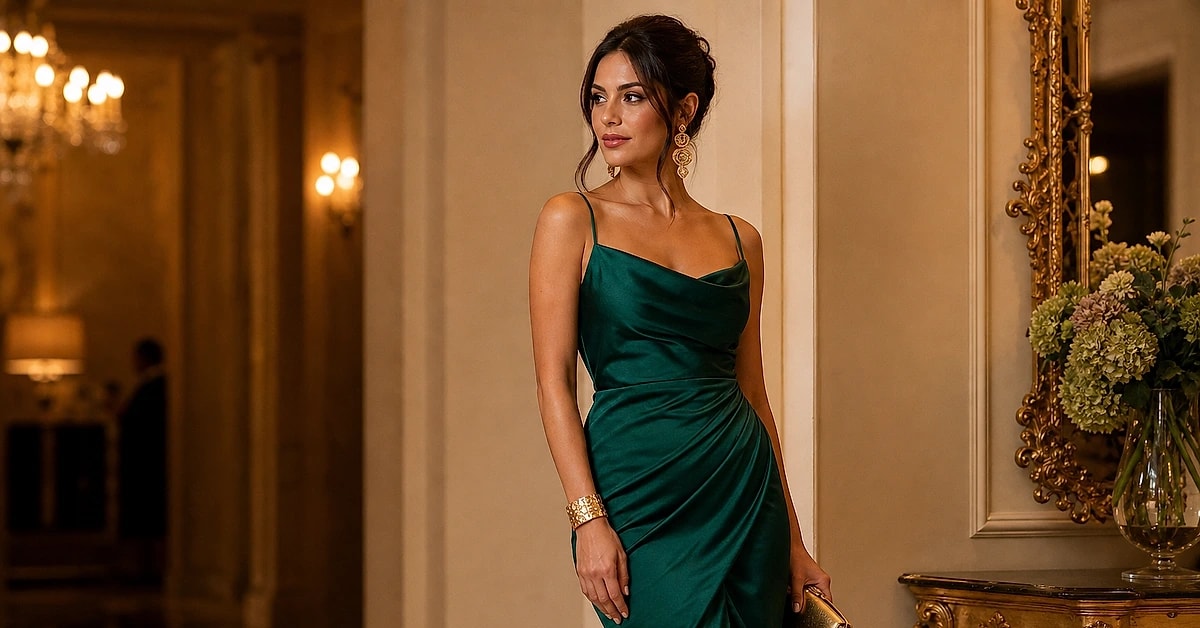 A woman in an emerald green satin dress with gold strappy heels, gold jewelry and a gold clutch, what goes with gold heels, styled by ToneLala