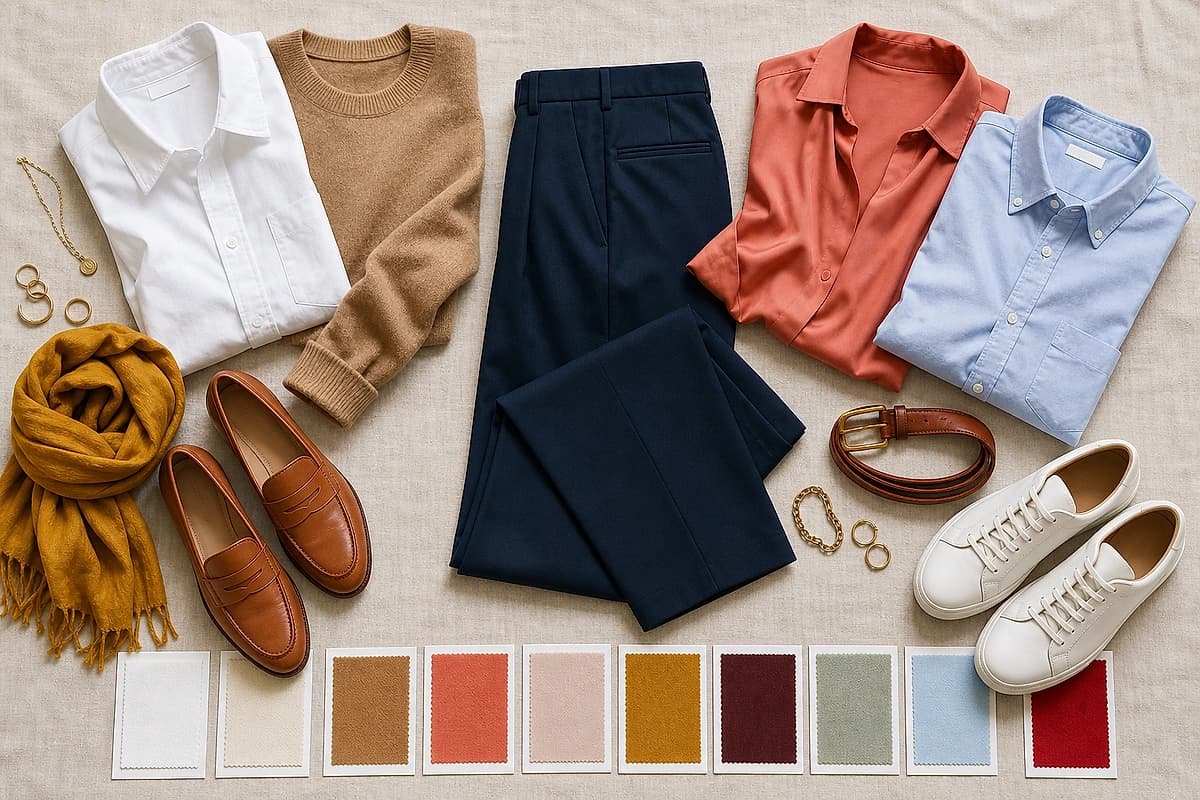 A flat-lay of navy trousers with matching pieces, a white shirt, camel knit, coral blouse, tan loafers, a cognac belt and gold jewelry, by ToneLala