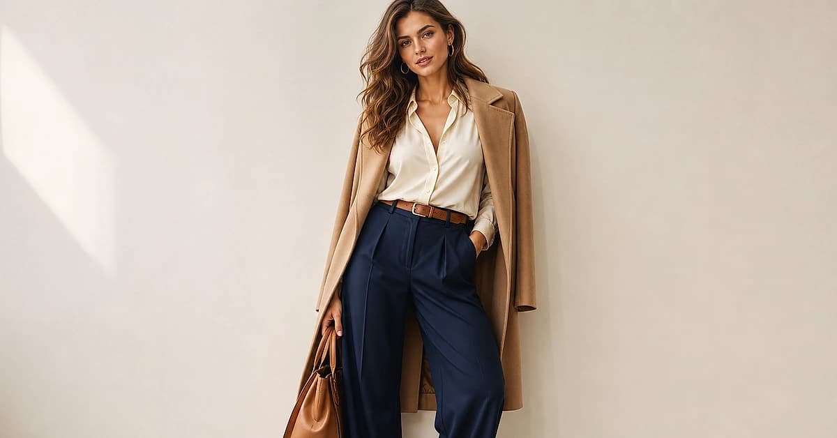A woman in navy wide-leg trousers with a cream silk blouse, tan loafers and gold jewelry, what goes with navy blue pants, styled by ToneLala