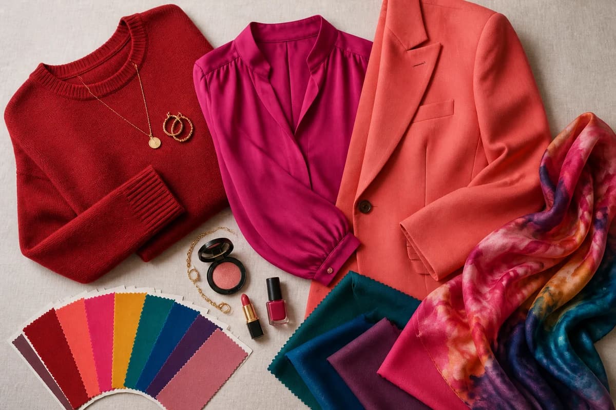 A flat-lay of seasonal color swatches fanned across warm and cool tones with a hand-drawn season wheel, by ToneLala