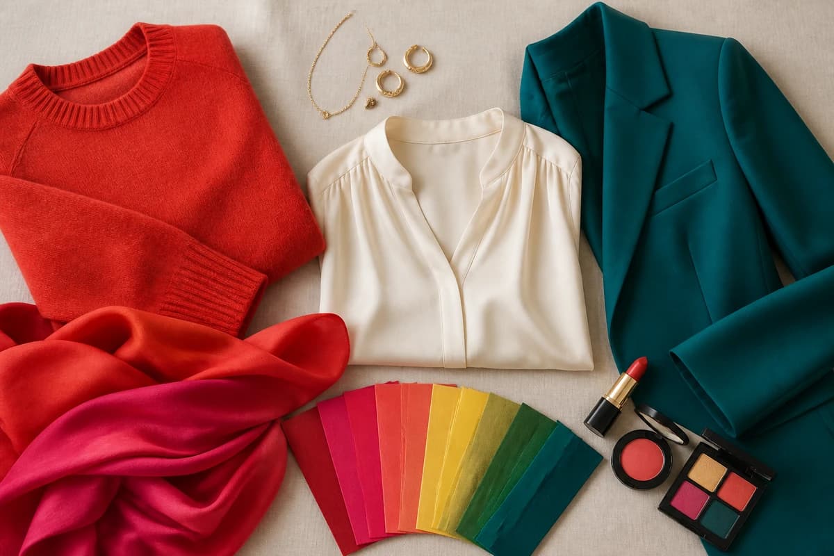 A flat-lay of color draping fabrics, warm and cool drapes in red, blue, green, pink and yellow with white, ivory, gray and charcoal neutrals, by ToneLala