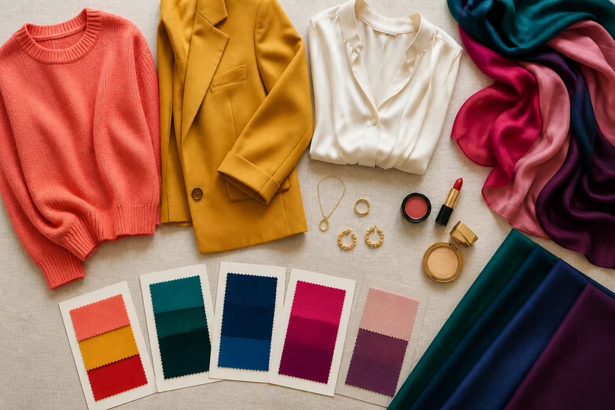 A flat-lay of coral, teal, blue-red, dusty rose and emerald swatches with cream, taupe, soft white, stone and navy neutrals showing what a personal color palette looks like, by ToneLala