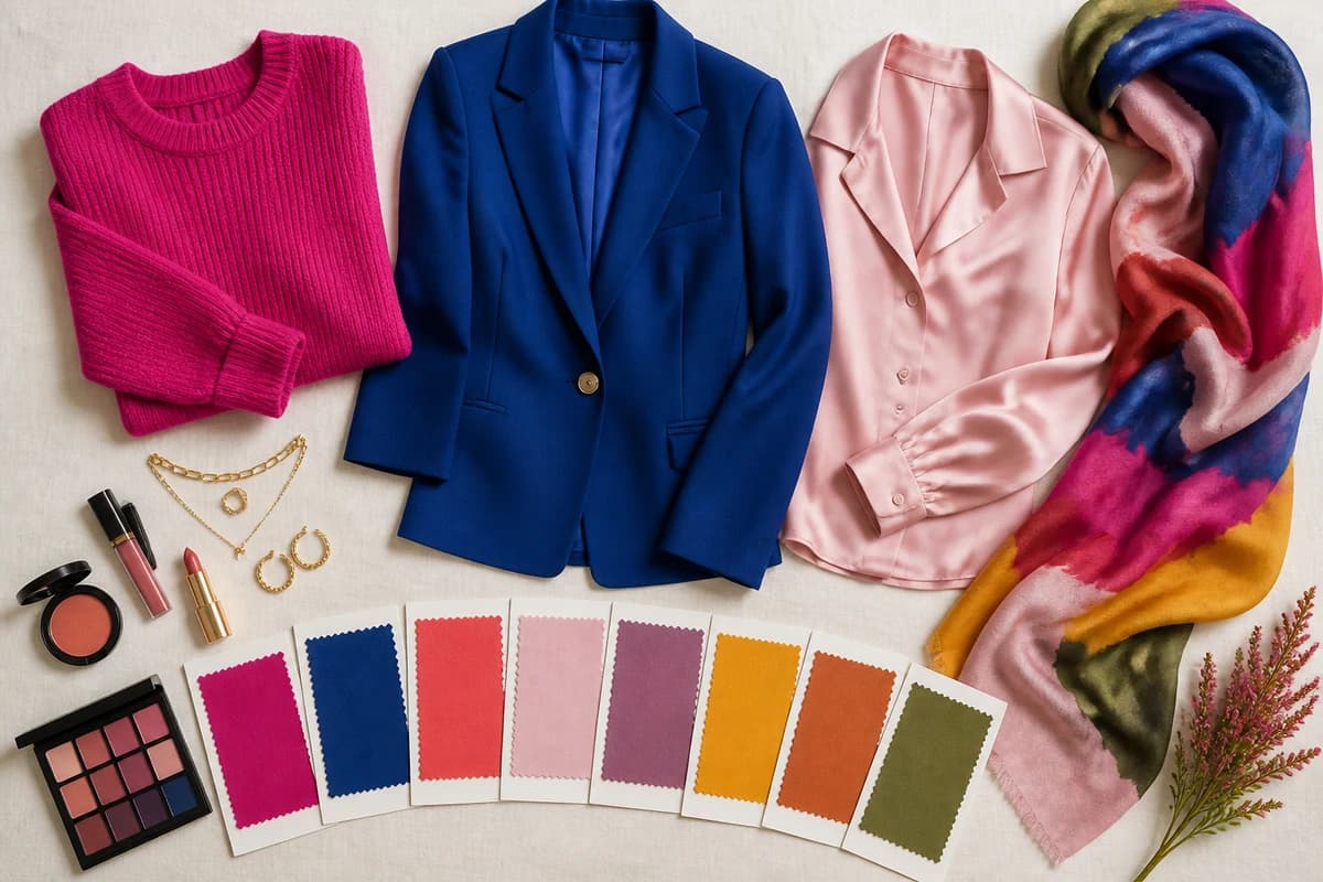A flat-lay illustrating skin undertones, cool blue-red, fuchsia and icy pink pieces beside warm coral, golden yellow and olive pieces, with gold and silver jewelry, by ToneLala