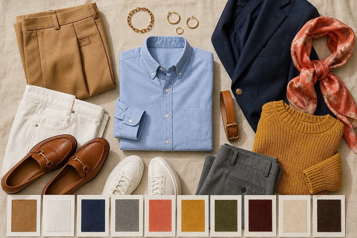 A flat-lay of a light-blue shirt with matching pieces, camel trousers, white jeans, a navy blazer, a coral scarf, cognac loafers, a tan belt and gold jewelry, by ToneLala