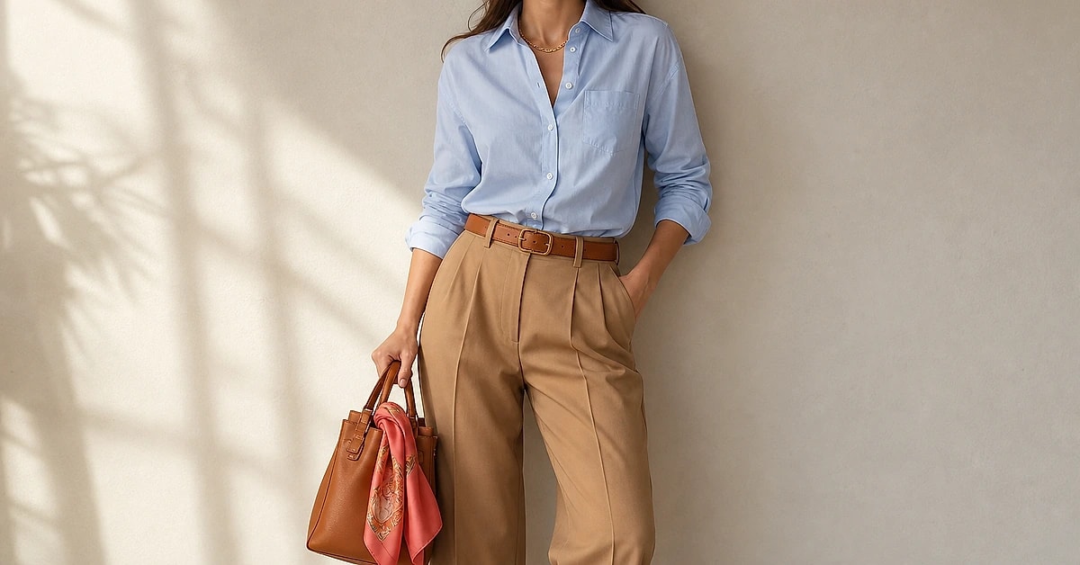 A woman in a light-blue oxford shirt with camel trousers, cognac loafers and gold jewelry, what to wear with a blue shirt, styled by ToneLala