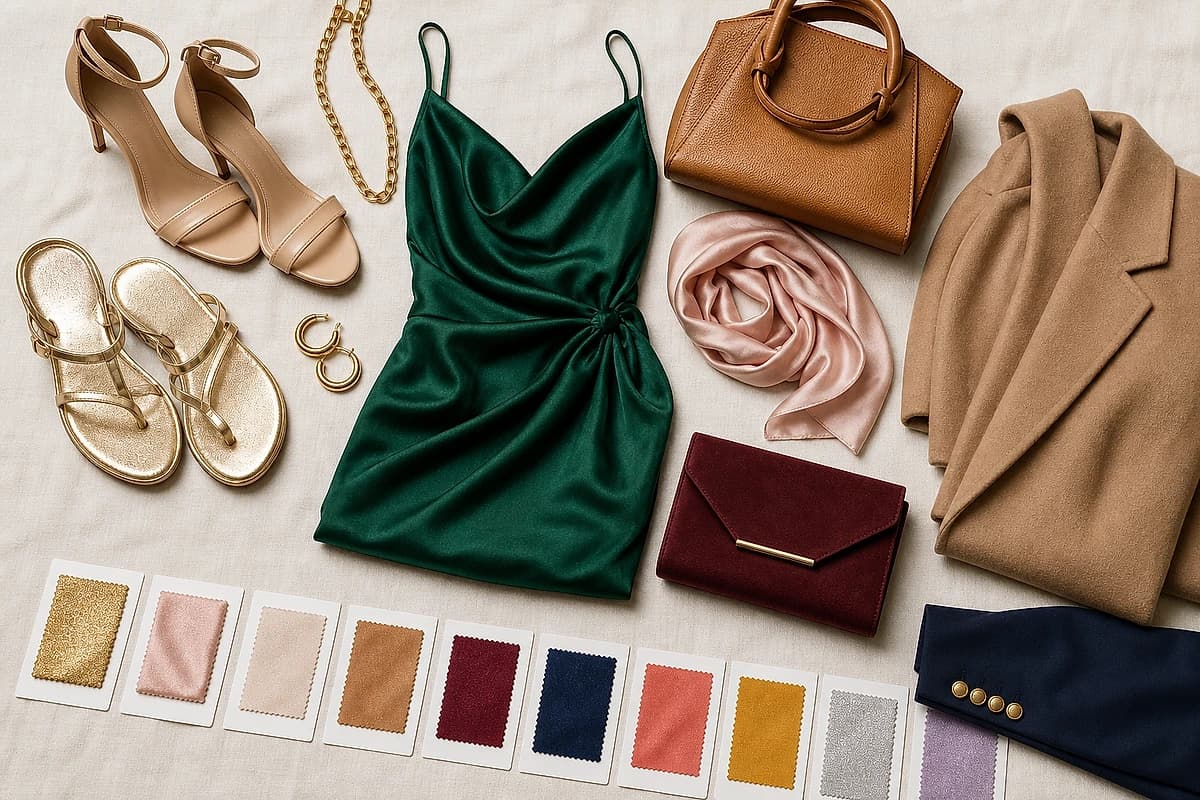 A flat-lay of a green dress with matching accessories, nude and gold heels, a tan bag, gold jewelry, a blush scarf and a camel coat, by ToneLala