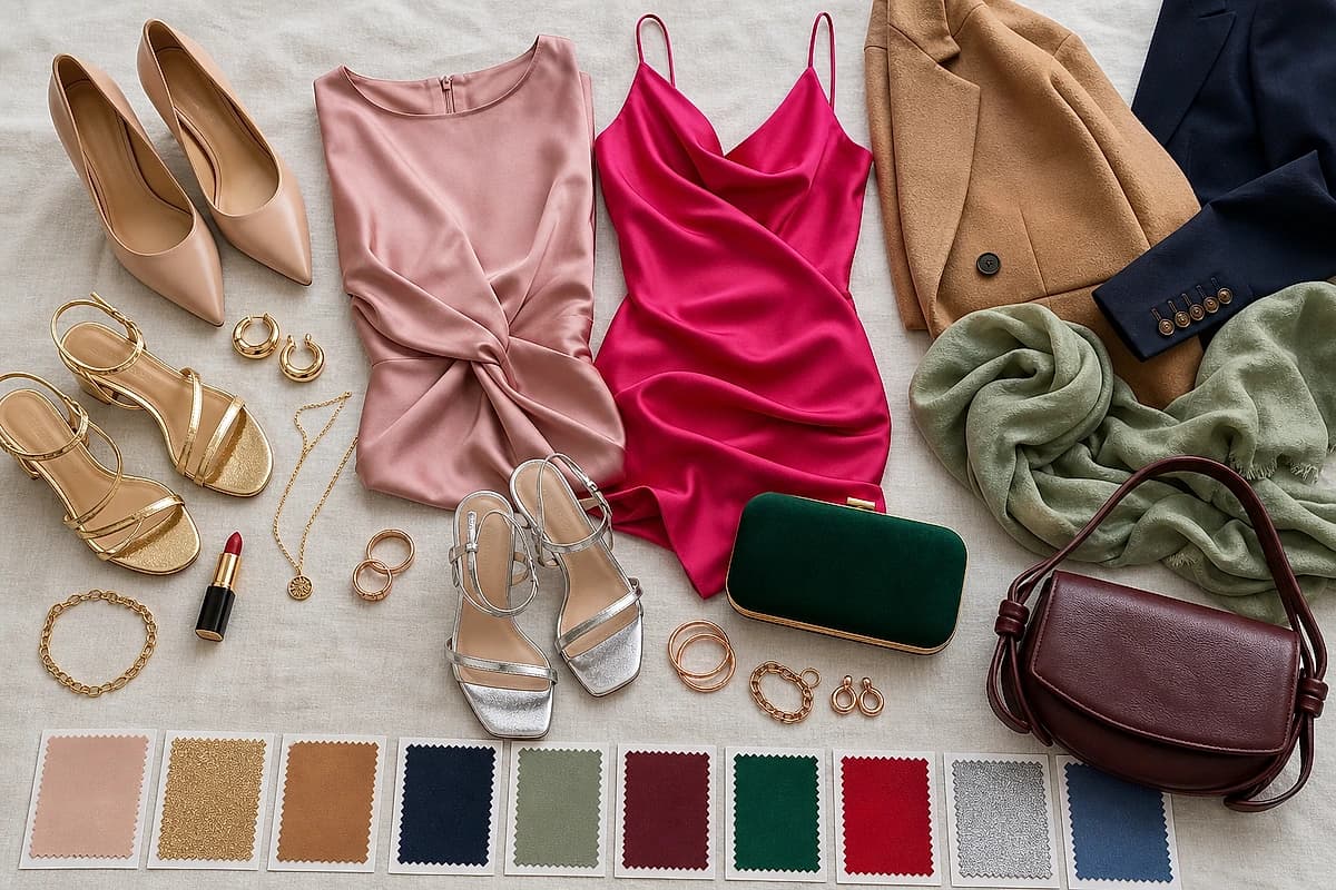 A flat-lay of a pink dress with matching accessories, nude and gold heels, a camel coat, a navy blazer, a sage scarf, a burgundy bag and gold jewelry, by ToneLala
