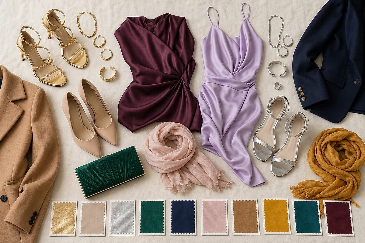 A flat-lay of a purple dress with matching accessories, gold and nude heels, silver jewelry, a camel coat, an emerald clutch, a blush scarf and a navy blazer, by ToneLala