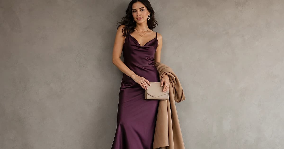 A woman in a plum satin midi dress with gold strappy heels, gold jewelry and a nude clutch, what to wear with a purple dress, styled by ToneLala