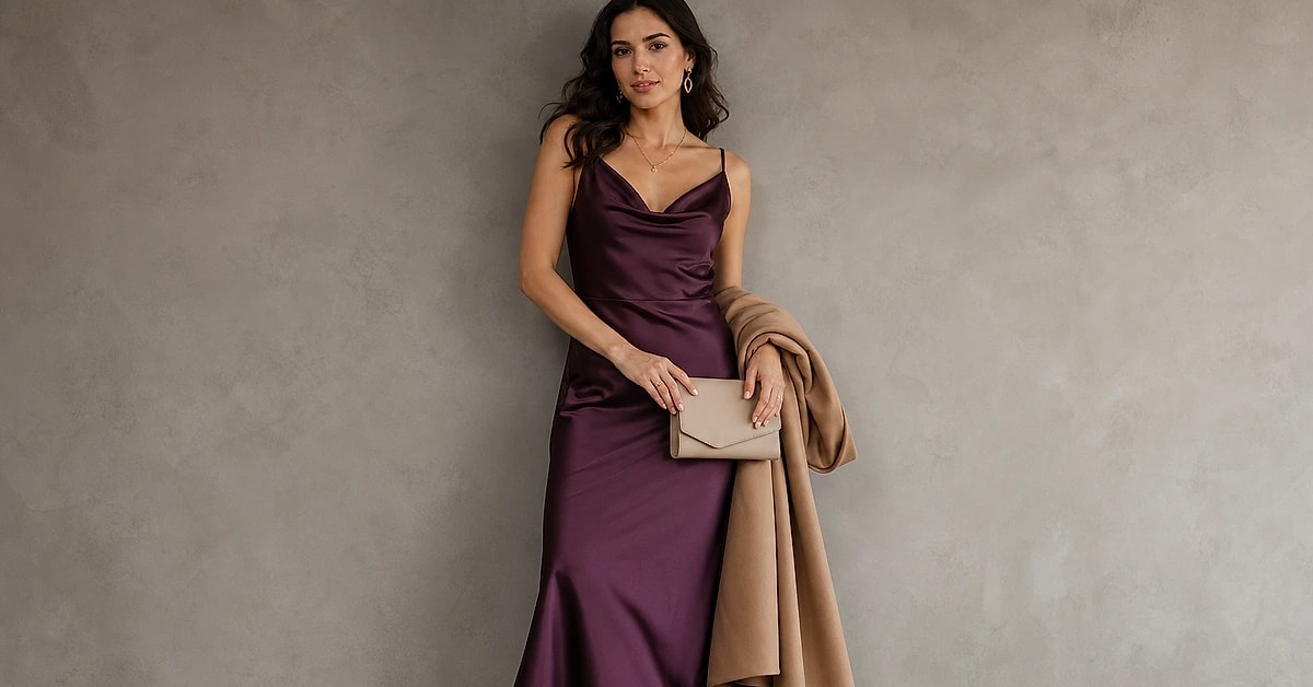 A woman in a plum satin midi dress with gold strappy heels, gold jewelry and a nude clutch, what to wear with a purple dress, styled by ToneLala