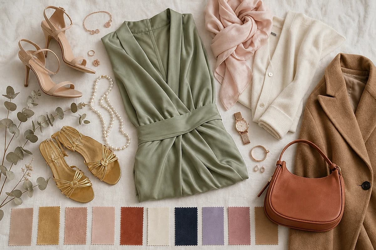 A flat-lay of a sage green dress with matching accessories, nude and gold heels, rose-gold jewelry, a blush scarf, a camel coat, a terracotta bag and a cream cardigan, by ToneLala