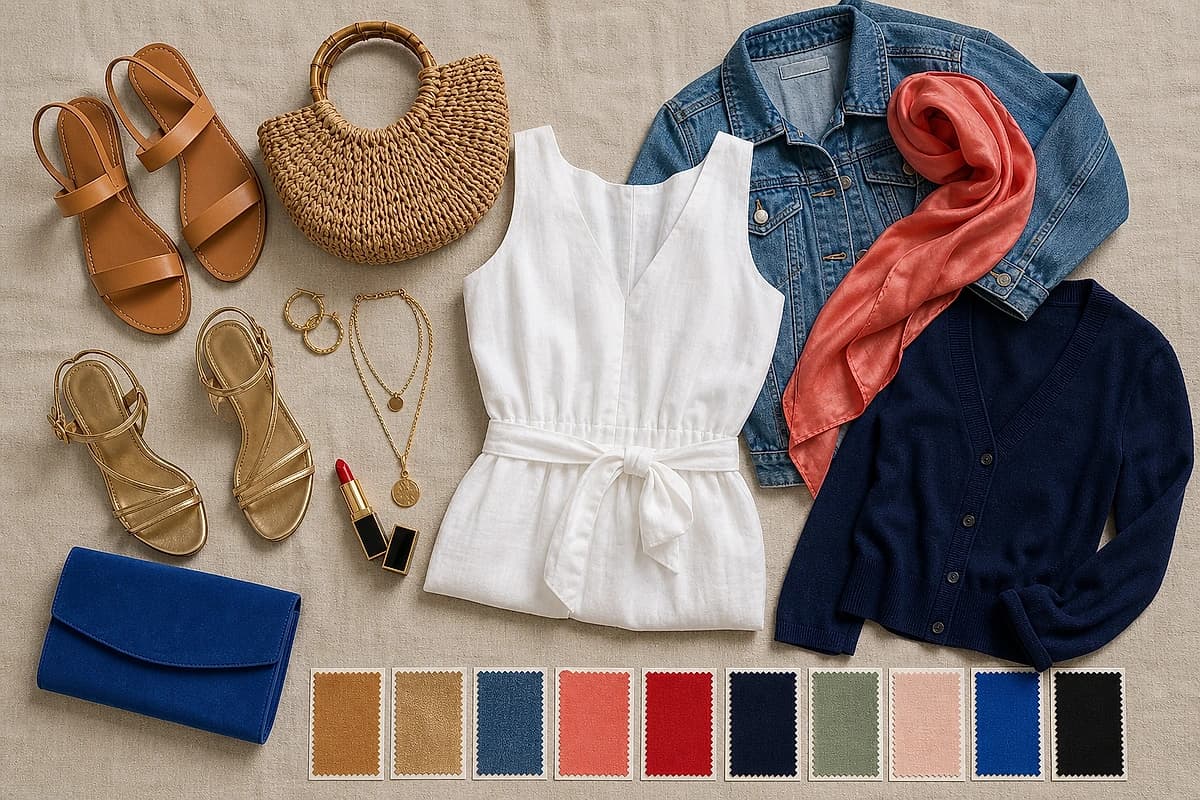 A flat-lay of a white dress with matching accessories, tan sandals, gold jewelry, a denim jacket, a coral scarf, a tan bag and a red lipstick, by ToneLala