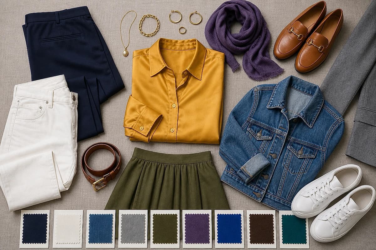 A flat-lay of a yellow shirt with matching pieces, navy trousers, white jeans, an olive skirt, a denim jacket, tan loafers, a gray blazer and gold jewelry, by ToneLala