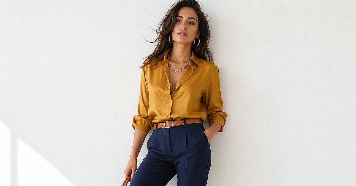 A woman in a mustard-yellow silk shirt with navy trousers, white trainers and gold jewelry, what to wear with a yellow shirt, styled by ToneLala
