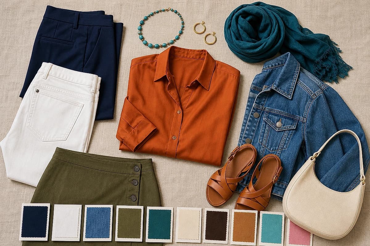 A flat-lay of an orange top with matching pieces, navy trousers, white jeans, an olive skirt, a denim jacket, tan sandals, a cream bag and gold jewelry, by ToneLala