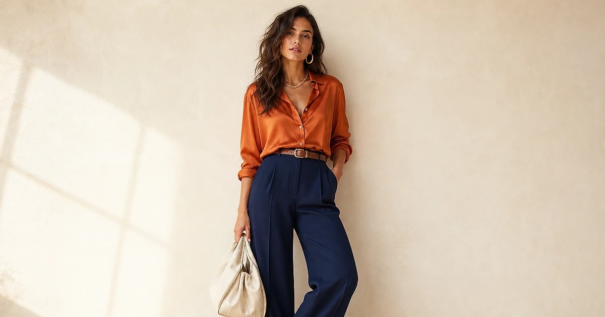 A woman in a burnt-orange silk blouse with navy wide-leg trousers, tan sandals and gold jewelry, what to wear with an orange top, styled by ToneLala