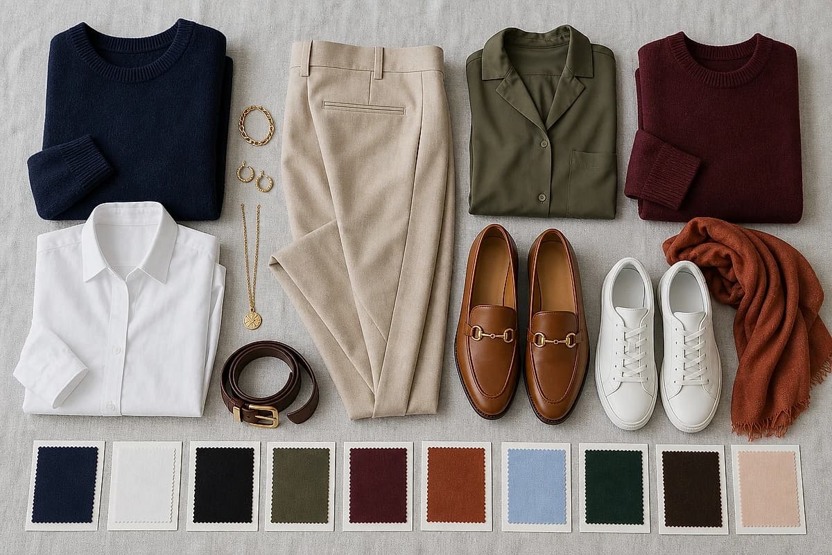A flat-lay of beige trousers with matching pieces, a navy knit, white shirt, olive blouse, burgundy top, tan loafers, a chocolate belt and gold jewelry, by ToneLala