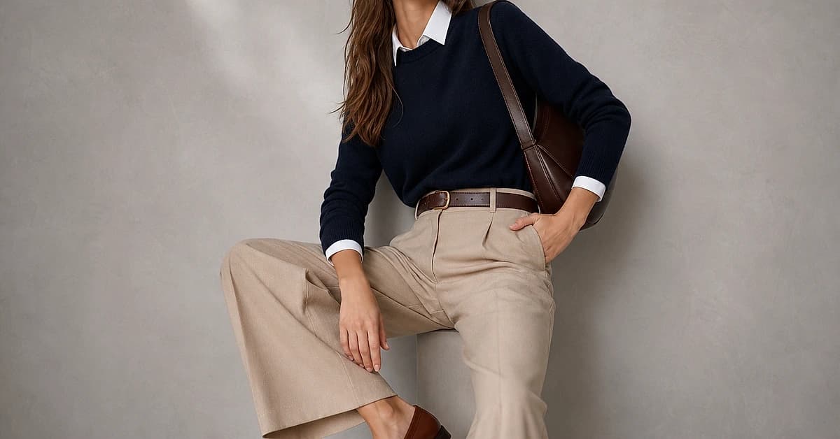 A woman in beige tailored trousers with a navy knit, white shirt collar, tan loafers and gold jewelry, what to wear with beige pants, styled by ToneLala