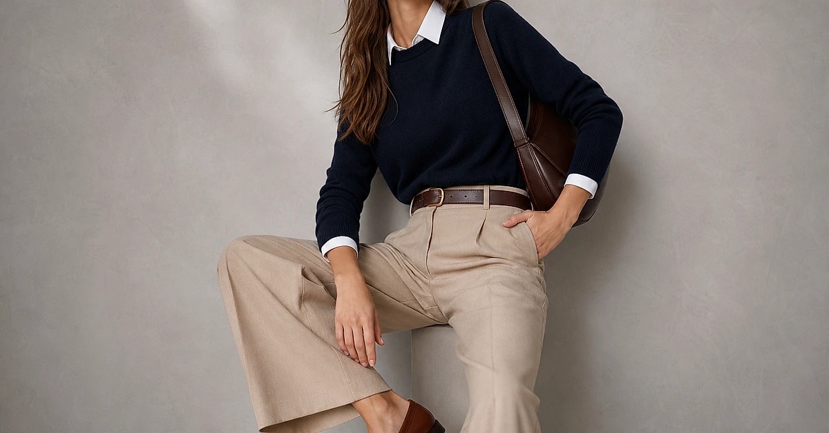 A woman in beige tailored trousers with a navy knit, white shirt collar, tan loafers and gold jewelry, what to wear with beige pants, styled by ToneLala