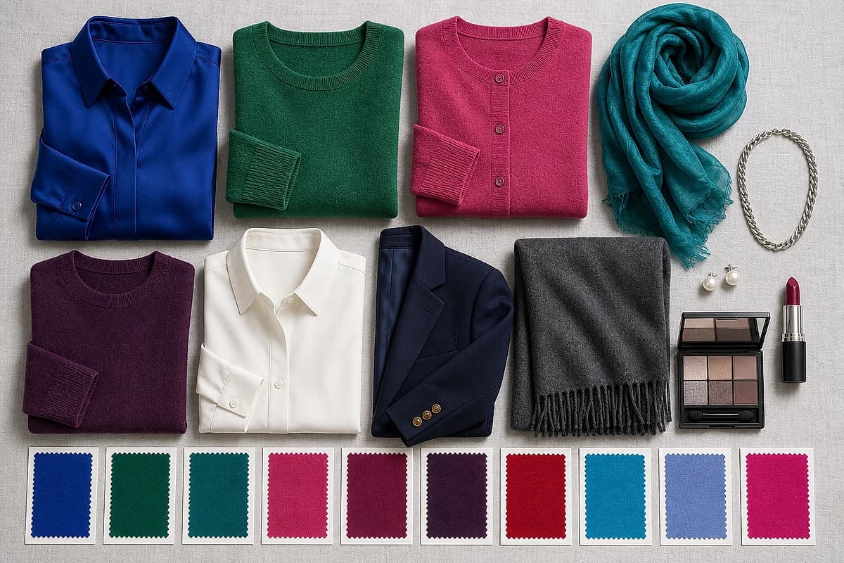 A flat-lay of colors that flatter gray hair, cobalt, emerald, raspberry, teal and plum knits with a soft white shirt, charcoal cashmere and silver jewelry, by ToneLala