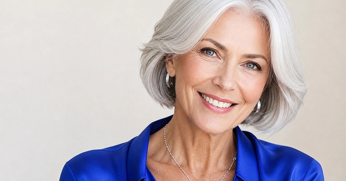 An elegant woman in her sixties with sleek silver hair wearing a cobalt blue blouse and silver jewelry, radiant in soft daylight, by ToneLala