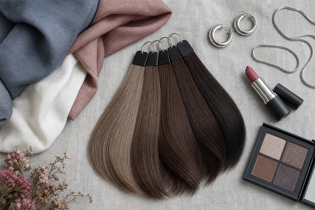 A flat-lay of ash brown hair swatches from light ash to dark ash beside slate blue, dusty rose, soft white and charcoal fabrics with silver jewelry, by ToneLala