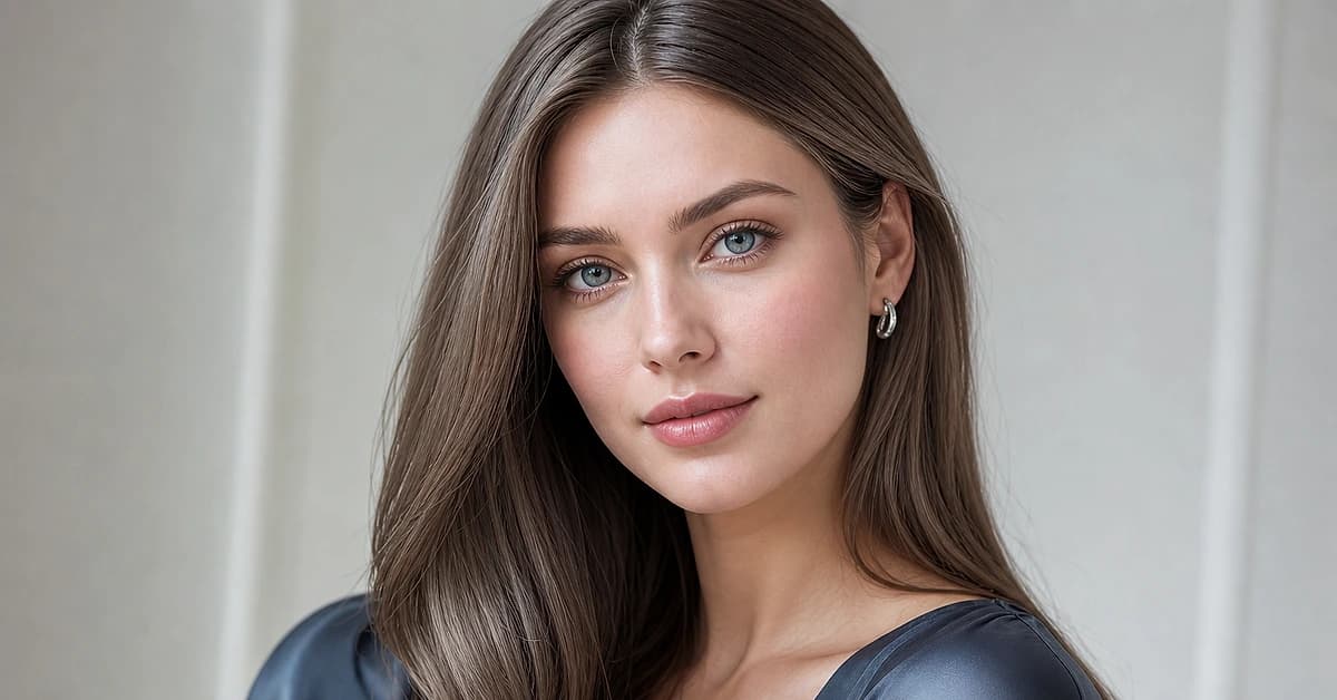 A woman with sleek ash brown hair and cool fair skin wearing a slate-blue top and silver earrings in soft daylight, who suits ash brown hair, by ToneLala