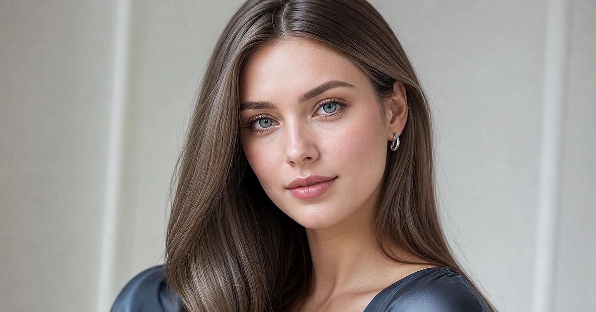 A woman with sleek ash brown hair and cool fair skin wearing a slate-blue top and silver earrings in soft daylight, who suits ash brown hair, by ToneLala