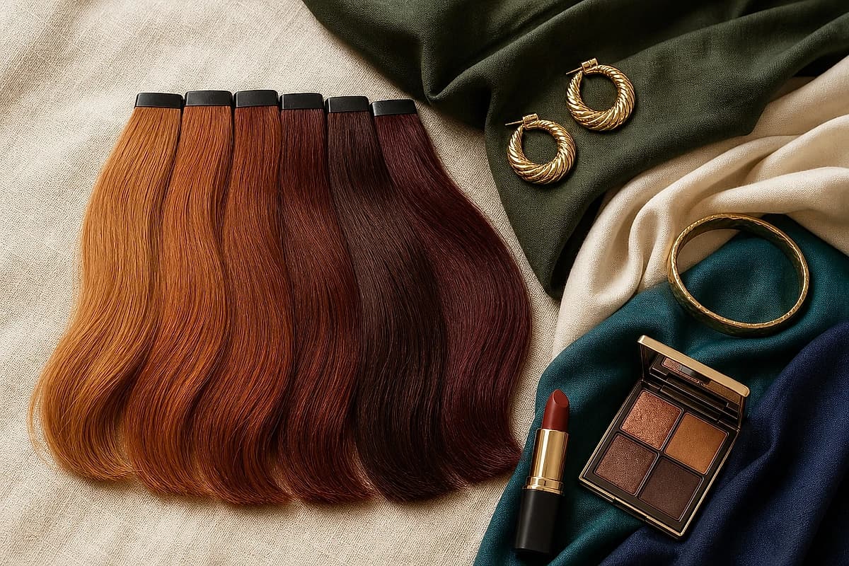 A flat-lay of auburn hair swatches from light auburn to dark mahogany-auburn beside forest green, cream, teal and denim fabrics with gold jewelry, by ToneLala