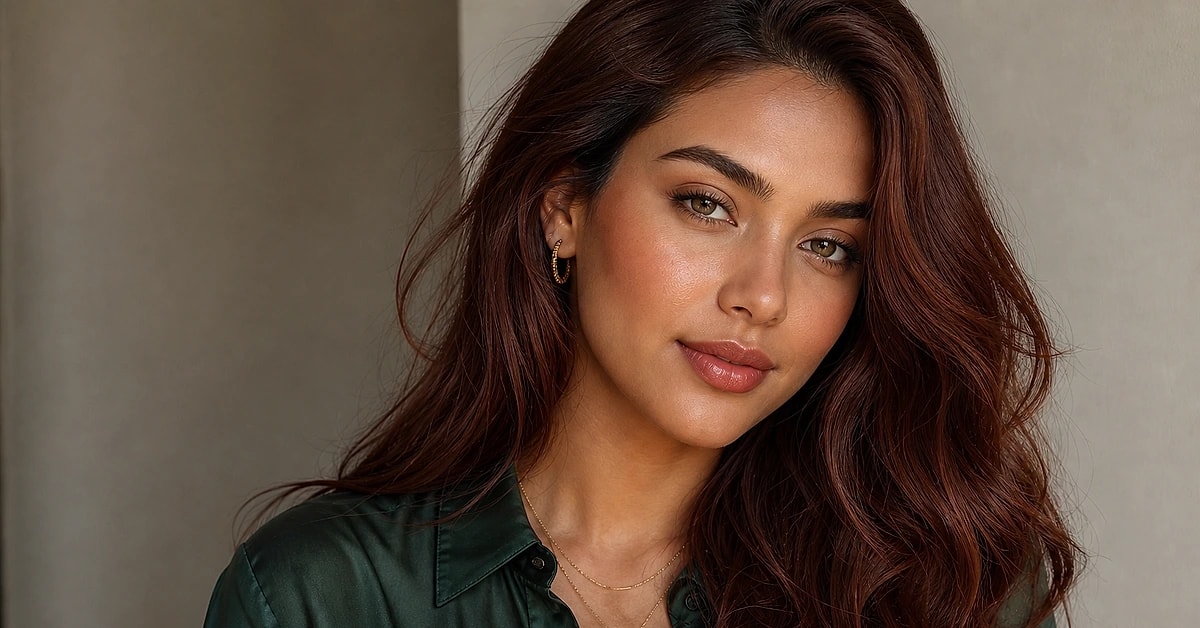 A woman with rich auburn hair and warm medium skin wearing a forest-green top, glowing in soft daylight, who suits auburn hair, by ToneLala