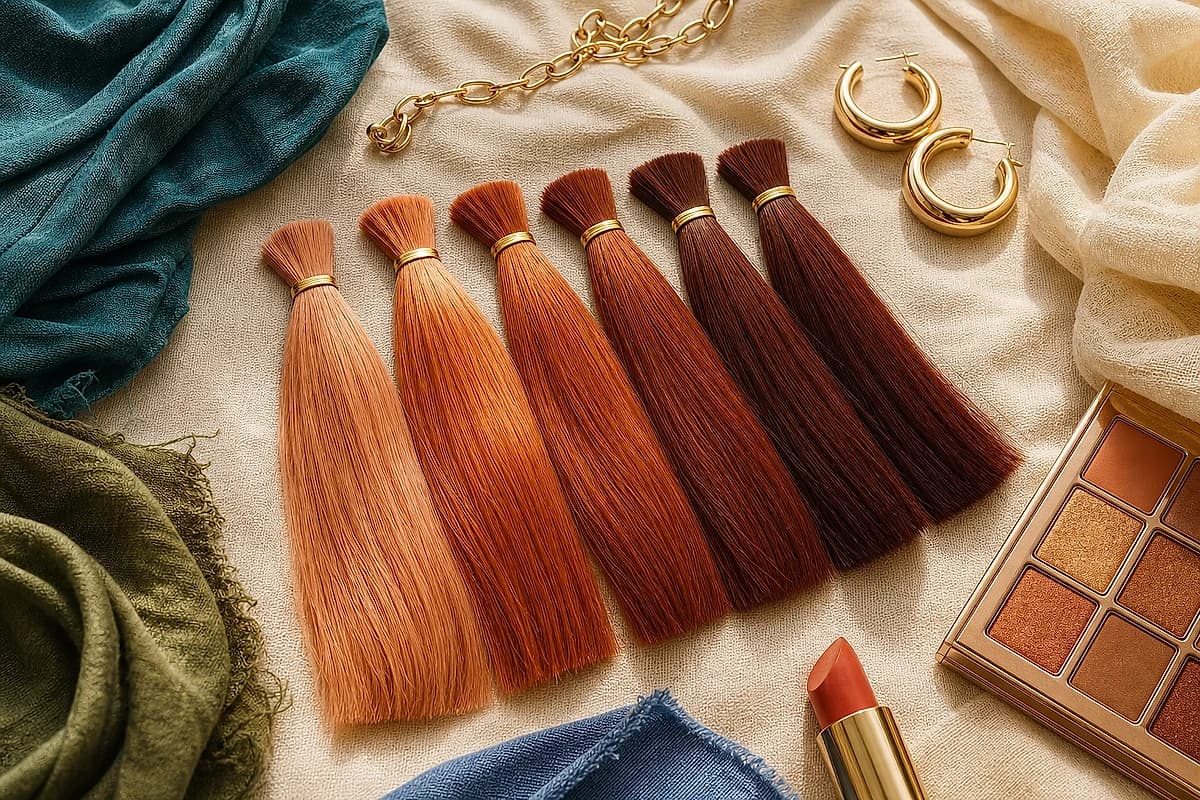 A flat-lay of copper hair swatches from light copper to dark copper beside teal, olive, cream and denim fabrics with gold jewelry, by ToneLala